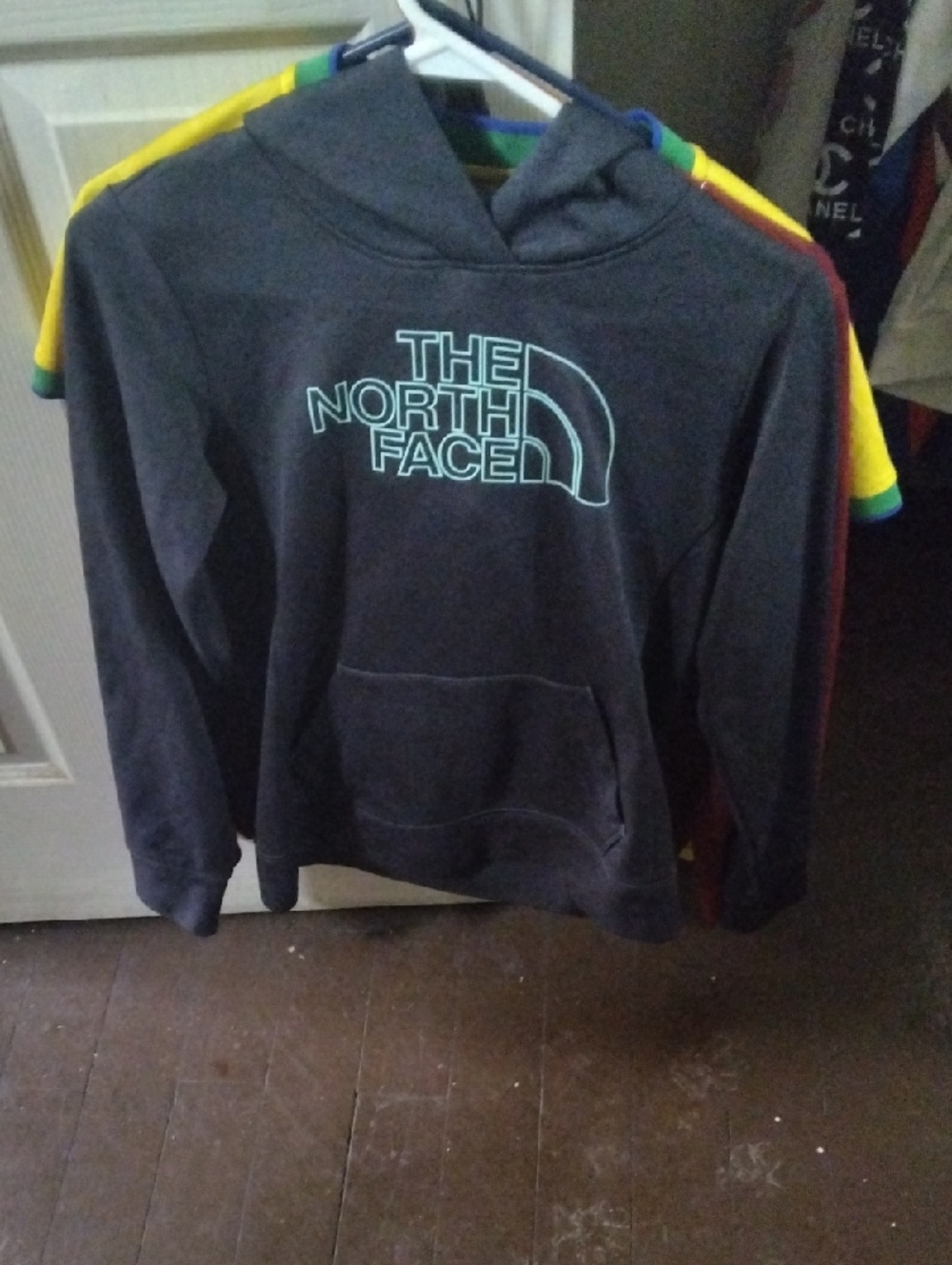 The North Face Charcoal Hoodie with Light Blue Logo